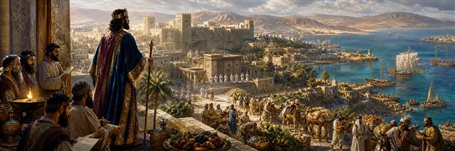 Solomon surveying fortified cities, trade caravans, ships, and ordered temple worship
